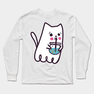 Ghost Cat Drinking Goldfish Bubble Tea Long Sleeve T-Shirt